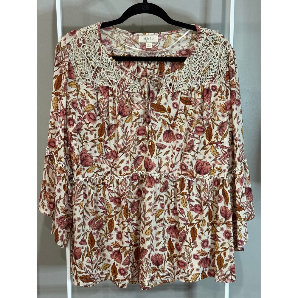 Style & Co Floral Peasant Top 2X Pink Boho Crochet Lace Bell Sleeve Cottagecore